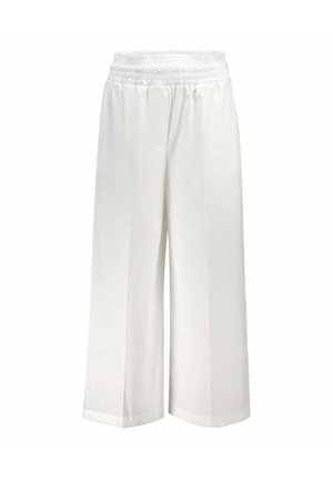 Pantaloni bianchi cropped a gamba larga con vita elasticizzata, vestibilità ampia e orlo dritto, mostrati su uno sfondo neutro.
