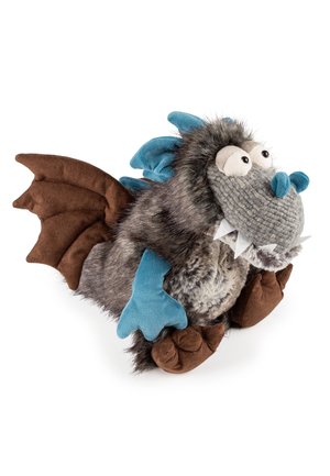 Stuffed dragon toy with gray fur, blue wings and claws, brown wings and feet, large eyes, and white felt teeth.