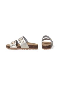 Silver metallic women's sandals with two wide straps, adjustable buckles, cork footbed, and textured rubber sole.