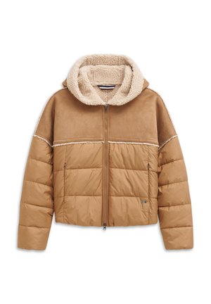 Cropped puffer jacket in tan with a plush, cream-colored fleece-lined hood, textured fabric, and zip closure; features horizontal quilted design.