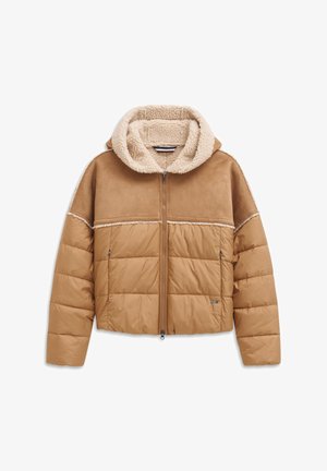 Cropped puffer jacket in tan with a plush, cream-colored fleece-lined hood, textured fabric, and zip closure; features horizontal quilted design.