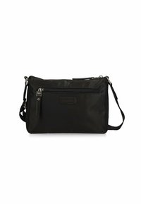 Borsa a tracolla nera in nylon con tasca frontale con zip, cinturino regolabile e dettagli in metallo marchiato. Forma rettangolare e texture liscia.