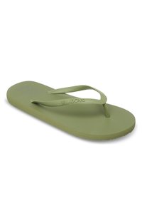 Oliivinvihreät tossut, jotka on valmistettu teksturoidusta kumista, litteällä pohjalla ja Y-muotoisilla remmeillä. "Billabong" -logo näkyvästi esillä remmissä.