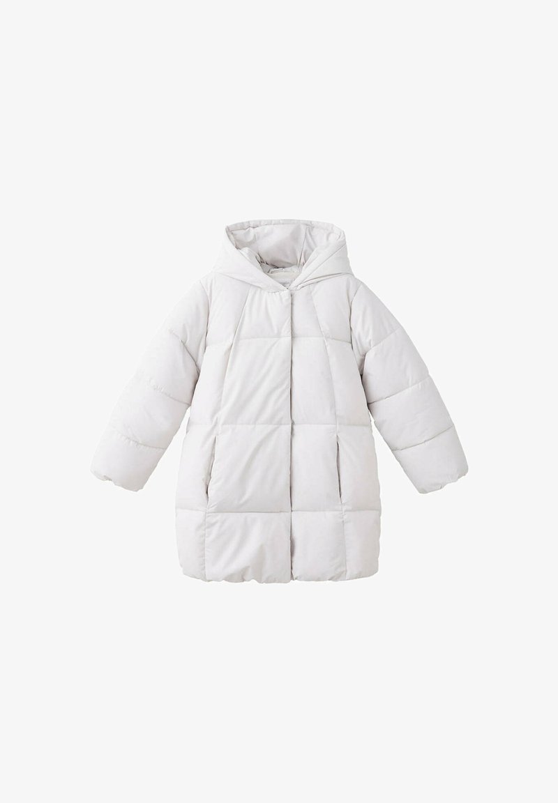 Manteau matelassé à capuche gris clair avec manches longues et poches avant, conçu pour temps froid.