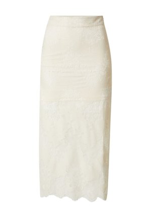 Kokerrok van crèmekleurige kant met hoge taille en knielengte, met een geschulpte zoom en een subtiel bloemenpatroon over de hele rok.