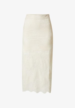 Kokerrok van crèmekleurige kant met hoge taille en knielengte, met een geschulpte zoom en een subtiel bloemenpatroon over de hele rok.