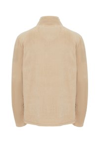 Beige fleecejakke med høj krave, glat tekstur, lange ærmer og lige kant. Har ingen synlige lukninger eller detaljer.