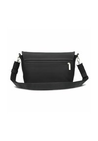 Borsa a tracolla in pelle nera con una tasca anteriore con zip, tracolla regolabile e un design rettangolare elegante. Texture liscia.