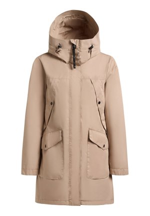 Bež kapucar s kapuco, dolgimi rokavi, sprednjo zadrgo, žepi z zatičnimi gumbi in nastavljivimi vrvicami na kapuci.