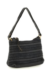 Borsa a tracolla in pelle nera con strisce orizzontali in suede, dettagli in metallo dorato e una sola tracolla con chiusura a zip.
