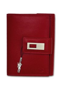 Rode leren portemonnee met een rechthoekige zilveren sluiting, voorzien van een hangend sieraden in de vorm van een silhouet en elegante stikdetails.