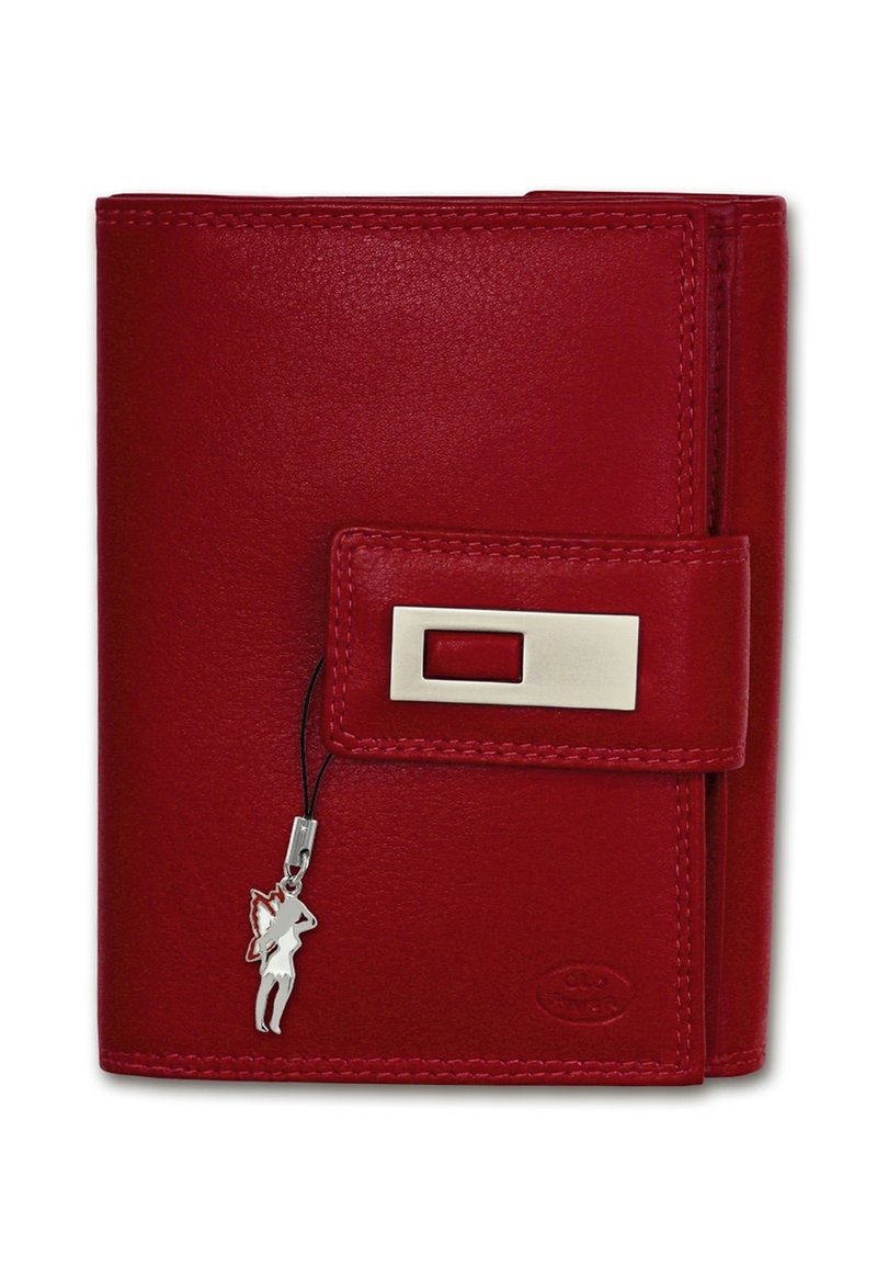 Rode leren portemonnee met een rechthoekige zilveren sluiting, voorzien van een hangend sieraden in de vorm van een silhouet en elegante stikdetails.