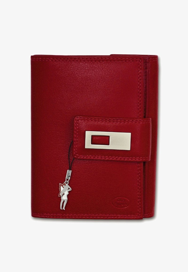 Red leather wallet with a rectangular silver hardware clasp, featuring a dangling charm of a silhouette and elegant stitching details.