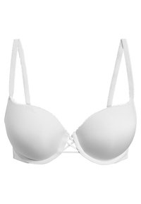 Witte push-up bh met gladde cups, decoratieve gekartelde randen en verstelbare gekruiste schouderbanden. Gemaakt van zachte, flexibele stof.