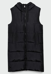 Veste matelassée sans manches noire avec capuche, fermeture éclair à l'avant, deux poches latérales et cordons sur la capuche.