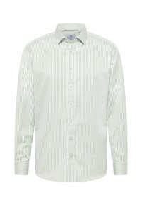Camicia a maniche lunghe a righe verdi e bianche con colletto a punta. Presenta un tessuto liscio e sottili righe verticali.
