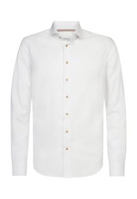 Witte longsleeve shirt van gladde stof, met een klassieke kraag en gouden knopen aan de voorkant. Rechte snit en op maat gemaakte ontwerp.
