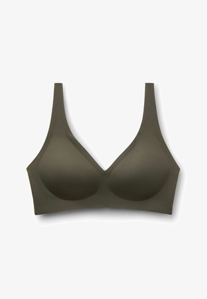 Soutien-gorge sans fil vert olive, sans coutures, avec bonnets moulés et larges bretelles, conçu pour le confort et le maintien.