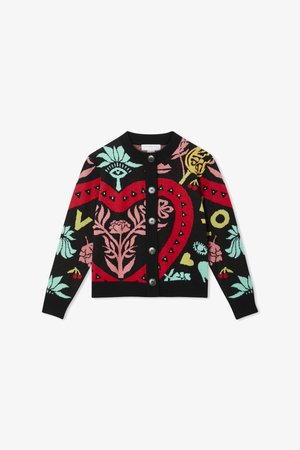 Cardigan noir avec des motifs de cœurs multicolores et de fleurs. Présente des poignets côtelés, une fermeture à boutons et des accents géométriques décoratifs.