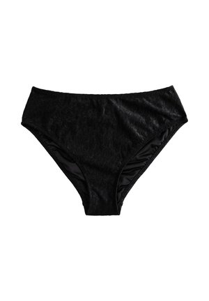 Parte inferior de bikini negra hecha de tela texturada, con un diseño de cintura alta que cuenta con un forro suave y una cinturilla elástica para mayor comodidad.
