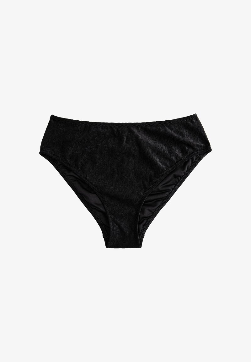 Musta bikinitoppi, joka on valmistettu teksturoidusta kankaasta, ja jossa on korkeavyötäröinen muotoilu, sileä vuori ja elastinen vyötärönauha mukavuutta varten.