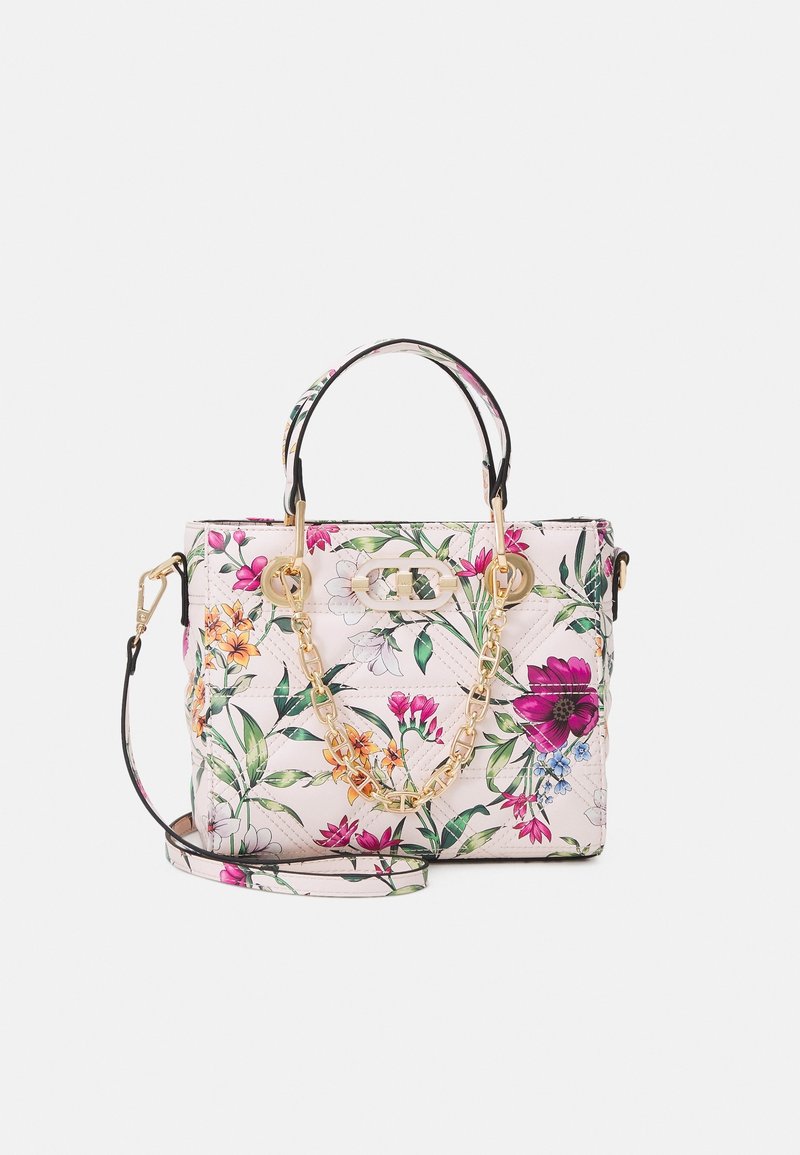 Sac à main rectangulaire à motifs floraux rose, orange et vert, avec deux poignées, détail chaîne dorée et bandoulière amovible sur fond blanc.