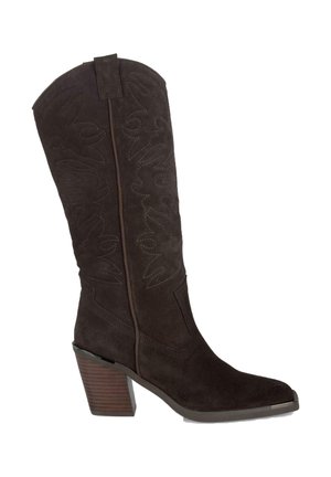 Dunkelbraune Wildleder-Cowboy-Stiefel mit hohem Schaft, spitzem Zeh, dekorativer Stickerei, seitlichem Reißverschluss und einem klobigen Holzabsatz.
