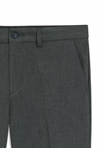 Gray herringbone patterned trousers with a flat front, side pockets, and a button closure at the waistband. Texture appears smooth.