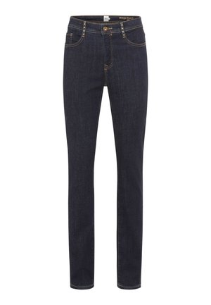 Jean en denim bleu foncé avec une coupe droite, présentant des coutures dorées, cinq poches et une fermeture par bouton. Légère décoloration le long des jambes.