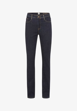 Jeans in denim blu scuro con vestibilità dritta, caratterizzati da cuciture dorate, cinque tasche e chiusura con bottone. Leggera scoloritura lungo le gambe.