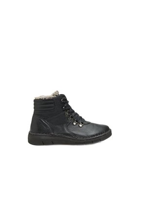 Black ankle boot made of textured leather with a padded collar, metal eyelets, and a flexible rubber sole, featuring a lace-up design.