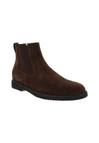 Bottines Chelsea en daim marron avec panneaux latéraux élastiques et semelle en caoutchouc noir, inclinées vers la gauche sur un fond blanc.