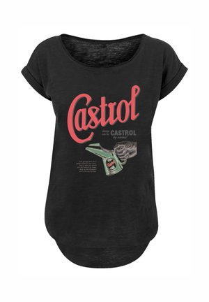 Schwarzes T-Shirt mit kurzen Ärmeln, das ein vintage 'Castrol' Öldosen-Design in Rot und Grün zeigt, mit zusätzlichem Text unterhalb des Designs.
