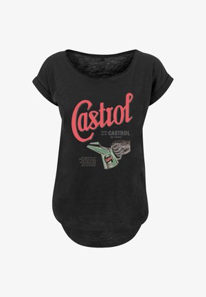 Schwarzes T-Shirt mit kurzen Ärmeln, das ein vintage 'Castrol' Öldosen-Design in Rot und Grün zeigt, mit zusätzlichem Text unterhalb des Designs.