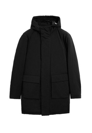 Zwarte hoodie-jack van textuurstof, met een rits aan de voorkant, twee grote voorzakken en een losse pasvorm.