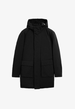 Giacca nera con cappuccio realizzata in tessuto текстurizzato, caratterizzata da una zip frontale, due grandi tasche anteriori e una vestibilità comoda.