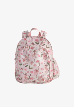 Rucsac mic roz pentru copii cu imprimeu floral și iepuraș zână, cu bretele reglabile.