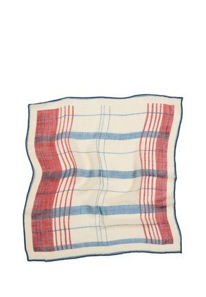 Paño cuadrado con fondo crema, rayas horizontales y verticales azules y rojas, y un borde azul delgado, ligeramente arrugado.