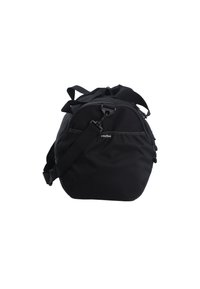 Black duffel bag made of durable fabric, featuring a rounded shape, adjustable shoulder strap, and a front zip pocket with a small logo.