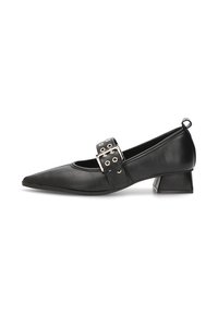 Zapatos negros de piel de tacón bajo con punta afilada y una amplia correa en el tobillo con detalles de hebillas plateadas. Textura suave con un detallado minimalista.