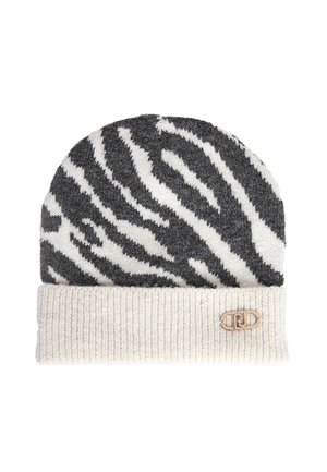 Berretto lavorato a maglia con un motivo zebriato bianco e nero, una texture morbida e un polsino a costine color crema con un'accortezza in oro.