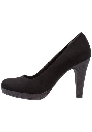 Czarne zamszowe szpilki z okrągłym noskiem, błyszczącą czarną platformą i obcasem. Gładka tekstura i elegancki design. Obcas typu stiletto o wysokości 3-4 cala.