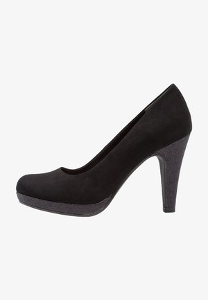 Czarne zamszowe szpilki z okrągłym noskiem, błyszczącą czarną platformą i obcasem. Gładka tekstura i elegancki design. Obcas typu stiletto o wysokości 3-4 cala.