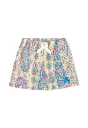 Pantalones cortos para niños de color crema con estampado de cachemira en azul, rosa y verde, y un cordón blanco en la cintura elástica.