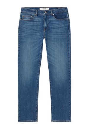 Jeans in denim azzurro chiaro con taglio dritto, cinque tasche, leggera scoloritura e dettagli di cucitura. Presenta una chiusura a bottone e cerniera.