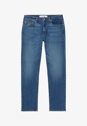 Jeans in denim azzurro chiaro con taglio dritto, cinque tasche, leggera scoloritura e dettagli di cucitura. Presenta una chiusura a bottone e cerniera.