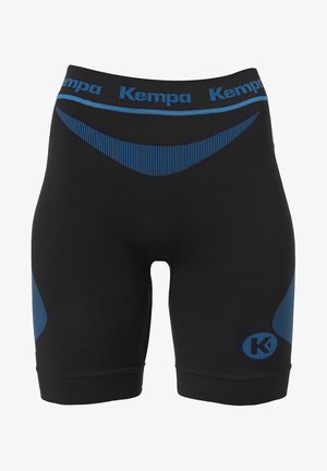 Schwarze Sportshorts mit blauen Akzenten und einem Bund mit "Kempa"-Logo. Aus dehnbarem Material, in mittellanger Oberschenkelgröße.