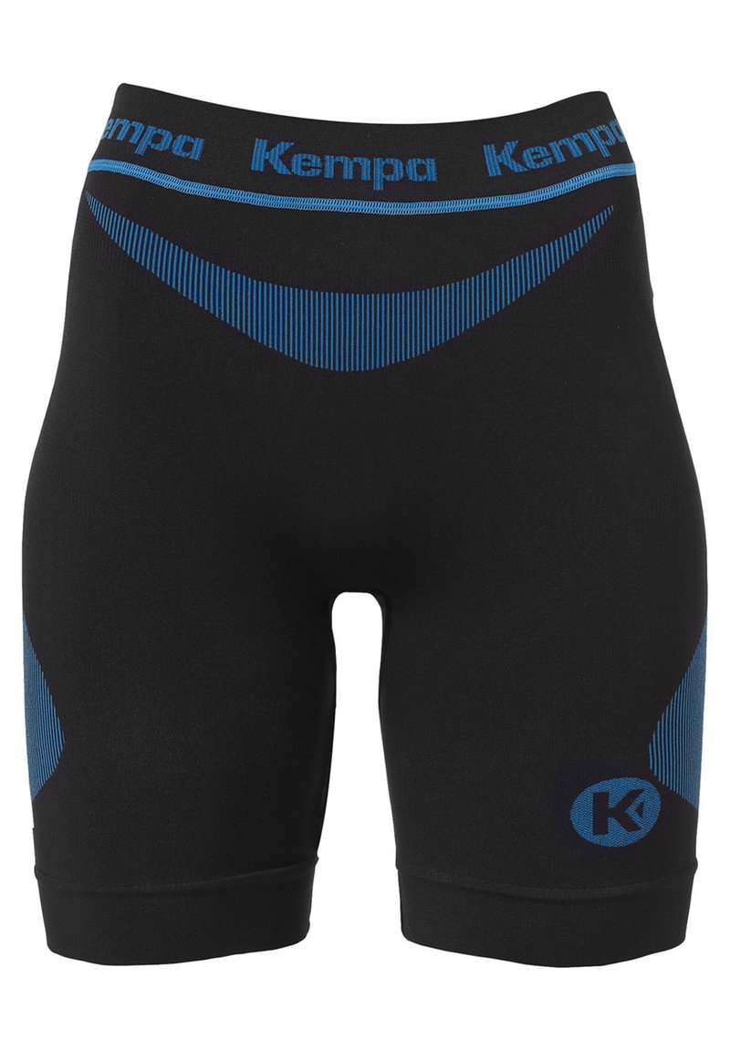 Shorts de sport noirs avec des lignes d'accent bleu et une ceinture arborant le logo "Kempa". Fabriqués en matériau extensible, longueur mi-cuisse.