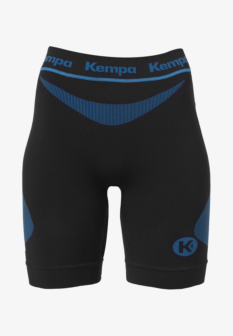Shorts de sport noirs avec des lignes d'accent bleu et une ceinture arborant le logo "Kempa". Fabriqués en matériau extensible, longueur mi-cuisse.