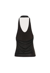 Czarny bezrękawnik z okrągłym dekoltem i drapowanym wzorem. Wykonany z lekkiego materiału o miękkiej teksturze, z gładkim tyłem.